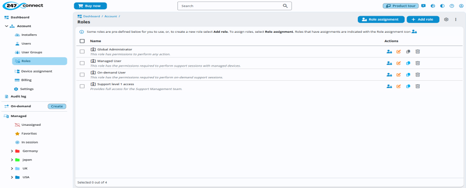 Web Portal with Account > Roles selected. It lists four roles: Global Administrator, Managed User, On-demand User and Support level 1 access. Each role has a brief description. The Actions column includes icons for role assignment, editing, and deleting. At the top right are two buttons: Role assignment and Add role. 